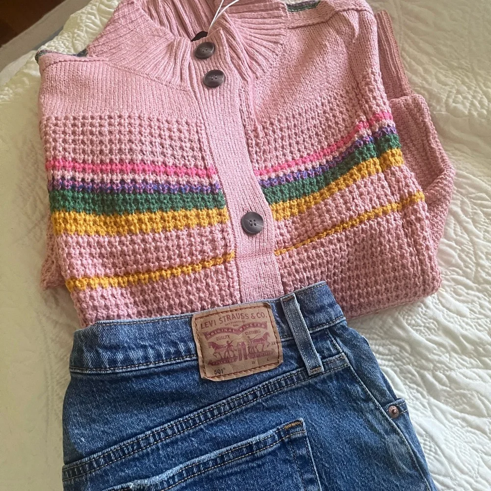 Pink Stripe Cable Knit Cardigan Summer Sweater. Size: Medium (8-10) NWT - Picture 4 of 10